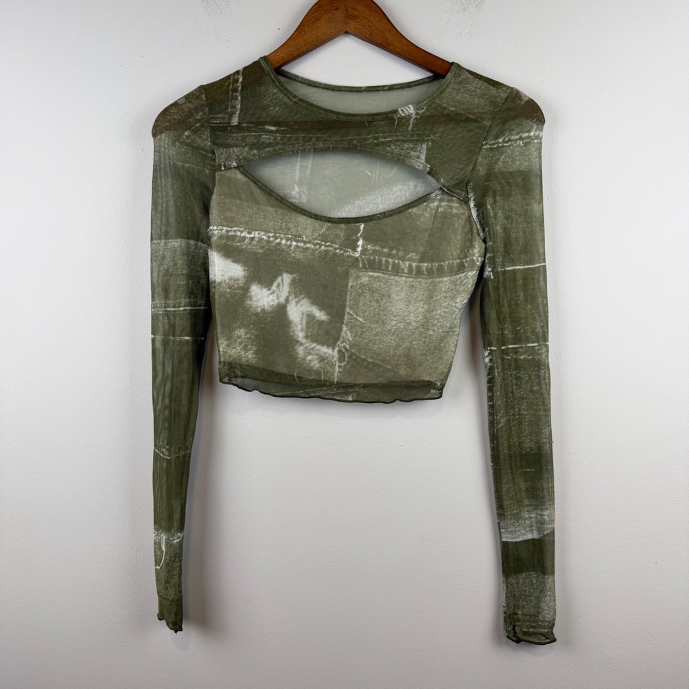Y2K Sheer‎ Mesh Crop Top Womens XS Green Goblincore Fairy Grunge Edgy Clubbing